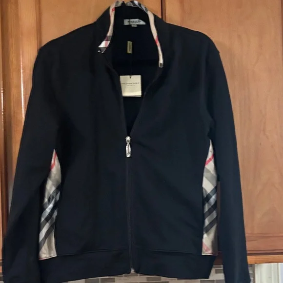Burberry Black cotton blend track Jacket with Plaid XXL size 20 “pit to pit - Picture 1 of 14